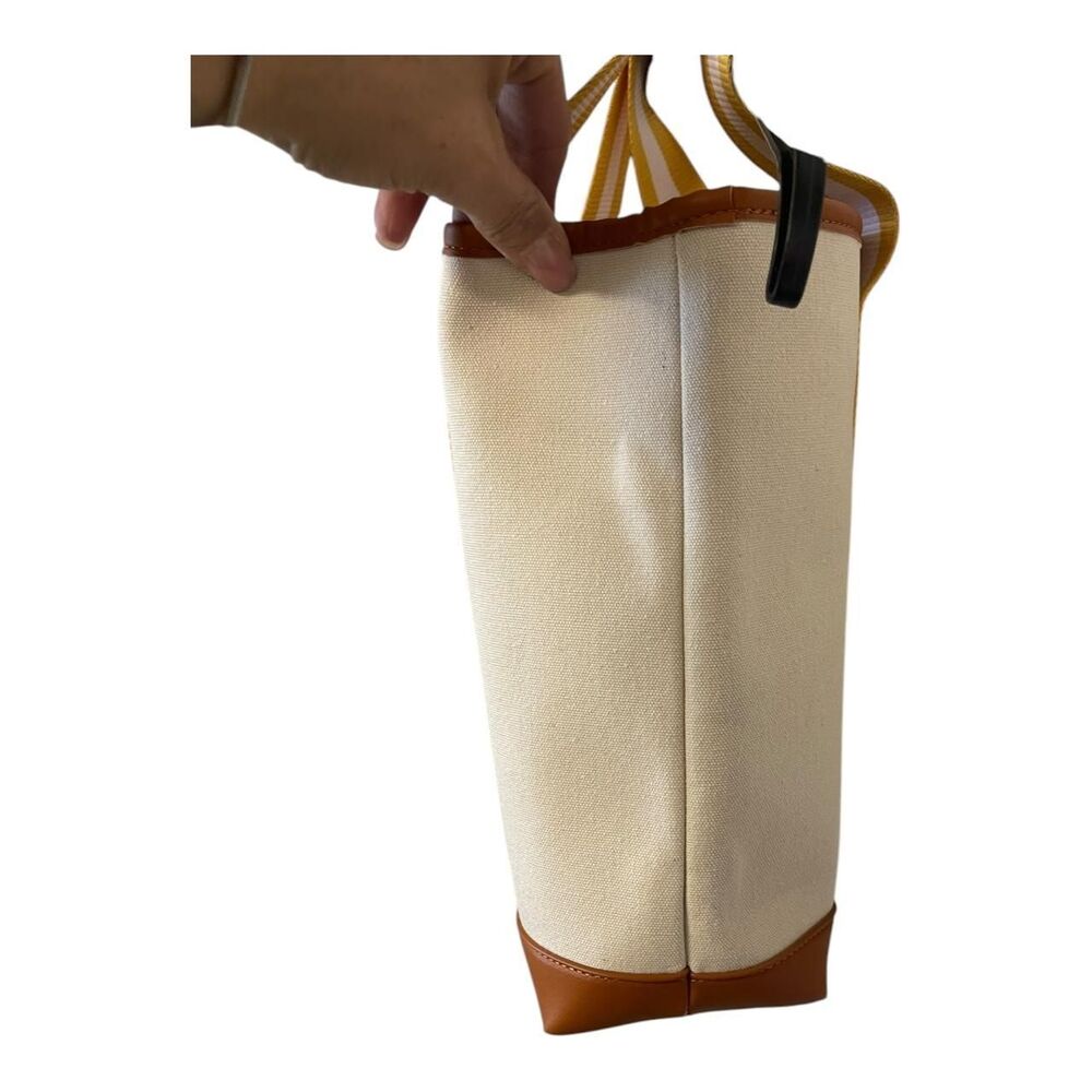 Tan and Yellow Striped Canvas Tote with Interior and Exterior Pockets - Picture 5 of 8